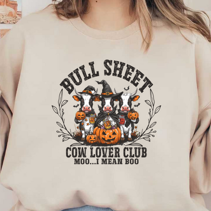 A whimsical Halloween-themed design featuring three dressed-up cows around a pumpkin, promoting the "Cow Lover Club."dtf regular iron