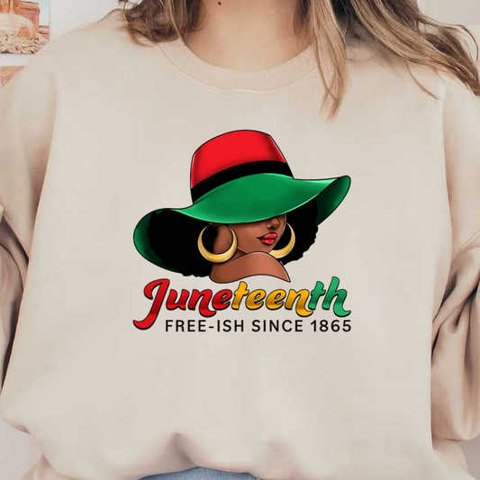 A vibrant Juneteenth logo featuring a woman in a stylish wide-brimmed hat, celebrating freedom since 1865. dtf transfers