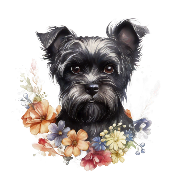 Una encantadora ilustración de un perro blanco y negro rodeado de flores de colores, que captura un espíritu caprichoso y juguetón.