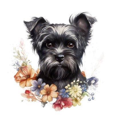 Una encantadora ilustración de un perro blanco y negro rodeado de flores de colores, que captura un espíritu caprichoso y juguetón.