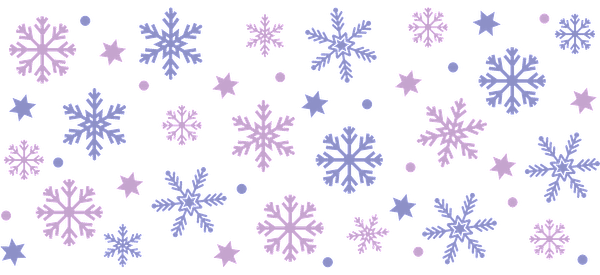 A whimsical pattern of light blue and pink snowflakes and stars scattered against a dark background, perfect for winter decor.UV Transfers