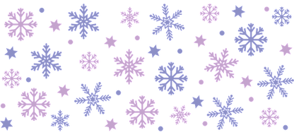 A whimsical pattern of light blue and pink snowflakes and stars scattered against a dark background, perfect for winter decor.UV Transfers