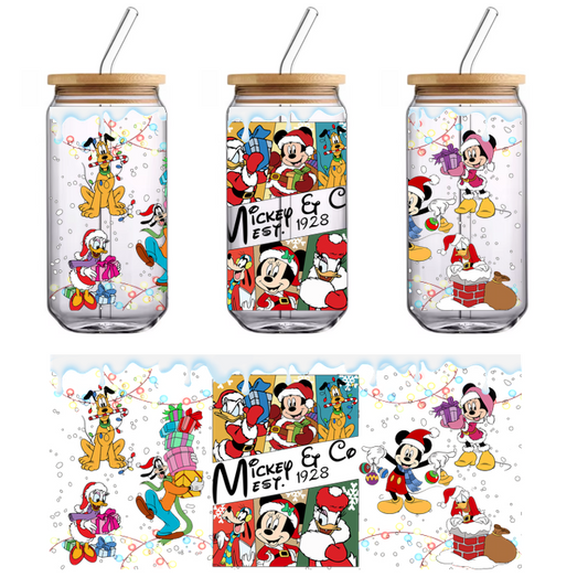 Celebrate the festive spirit with Mickey and friends, all dressed in Santa hats and surrounded by colorful gifts and decorations!UV Transfers heat press transfers