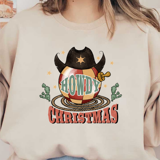 Un gráfico festivo con un sombrero de vaquero, estrellas y cactus que celebra el tema único "Howdy Christmas".