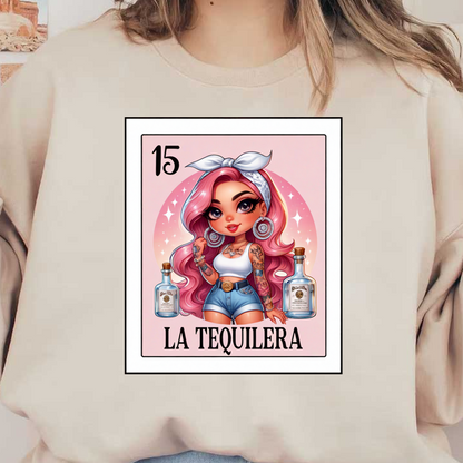 Una ilustración vibrante que presenta a una joven elegante con cabello rosado y tatuajes, enmarcada por dos botellas de tequila y el título "La Tequilera".