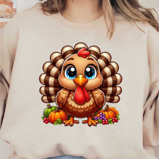 This adorable cartoon turkey, with big blue eyes and a vibrant feathered tail, is surrounded by colorful autumn harvest fruits and vegetables.