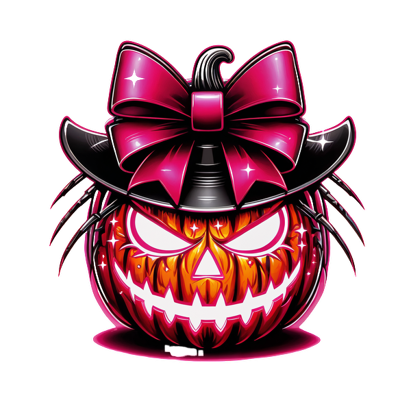 A whimsical Halloween pumpkin featuring a vibrant pink bow and hat, with sinister eyes and spider accents for a playful scare. dtf prints