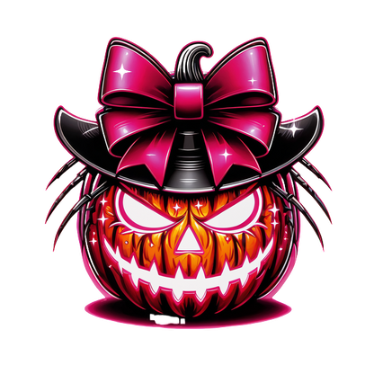 A whimsical Halloween pumpkin featuring a vibrant pink bow and hat, with sinister eyes and spider accents for a playful scare. dtf prints