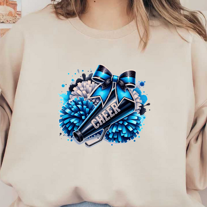 A vibrant graphic featuring a cheer megaphone adorned with a blue bow and surrounded by blue and white pom-poms.DTF Transfers dtf transfers