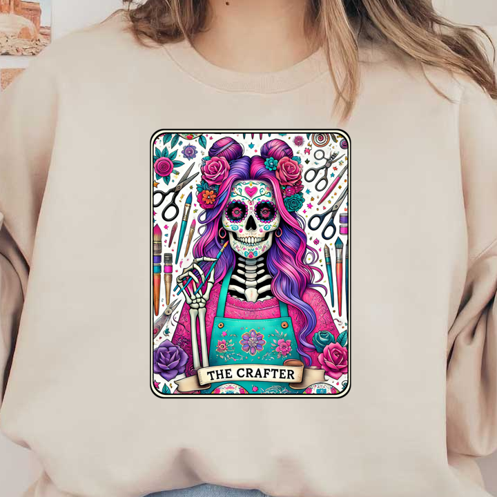 A vibrant Day of the Dead-themed illustration featuring a skeleton with colorful hair, holding crafting tools against a floral backdrop. dtf transfers