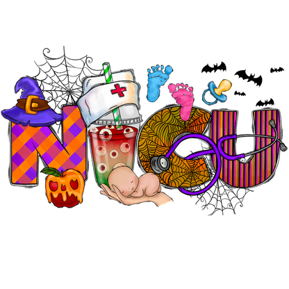 A whimsical graphic featuring colorful letters spelling "NICU," complemented by Halloween-themed items like a potion, pumpkin, and baby.DTF Transfers dtf transfers