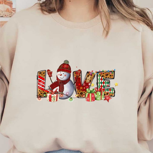 A festive illustration featuring a cheerful snowman amidst colorful "LOVE" letters, adorned with gifts and holiday decorations. dtf prints