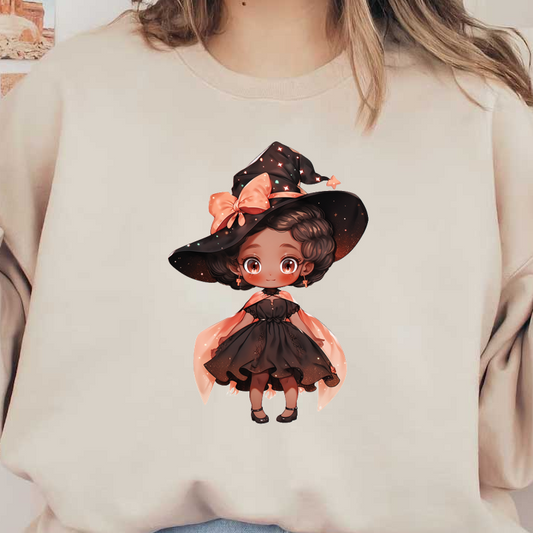 A cute chibi witch in a black dress, adorned with a flowing cape and a large pink bow on her hat. heat press transfers