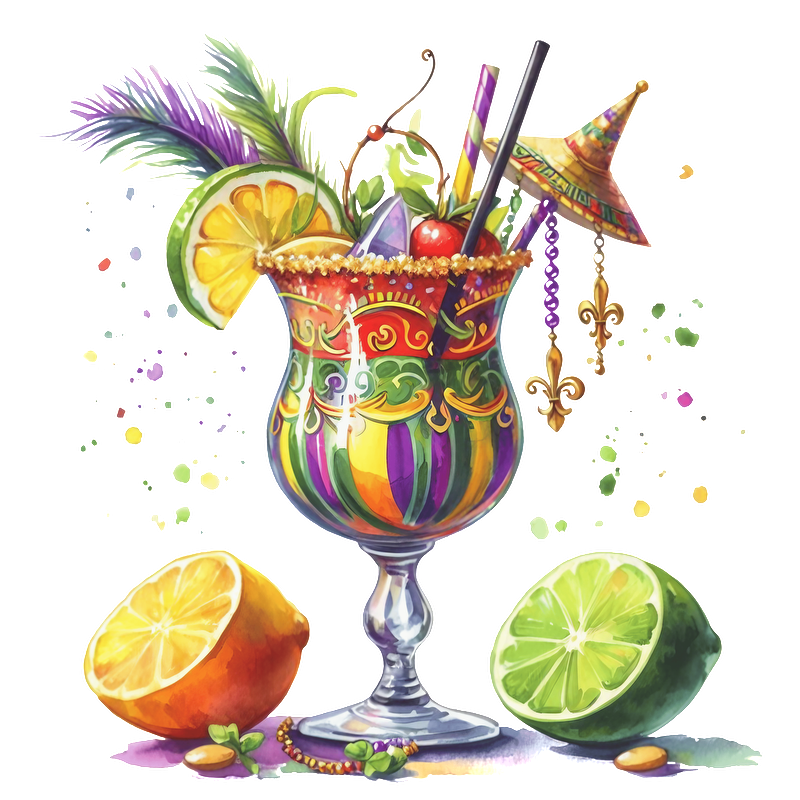 A vibrant, decorative cocktail garnished with fruit, colorful straws, and a festive umbrella, accompanied by sliced citrus fruits.DTF Transfers