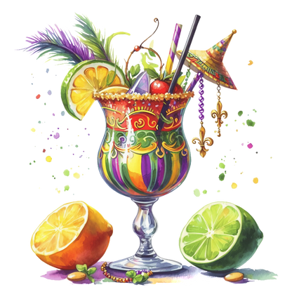 A vibrant, decorative cocktail garnished with fruit, colorful straws, and a festive umbrella, accompanied by sliced citrus fruits.DTF Transfers