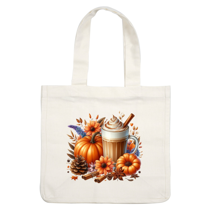 Una acogedora escena otoñal con un café con leche espumoso con especias de calabaza rodeado de calabazas vibrantes y flores coloridas, perfecto para el otoño.