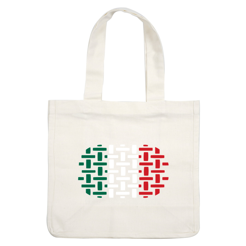 An artistic representation of the Italian flag using woven patterns in green, white, and red shades.dtf regular iron