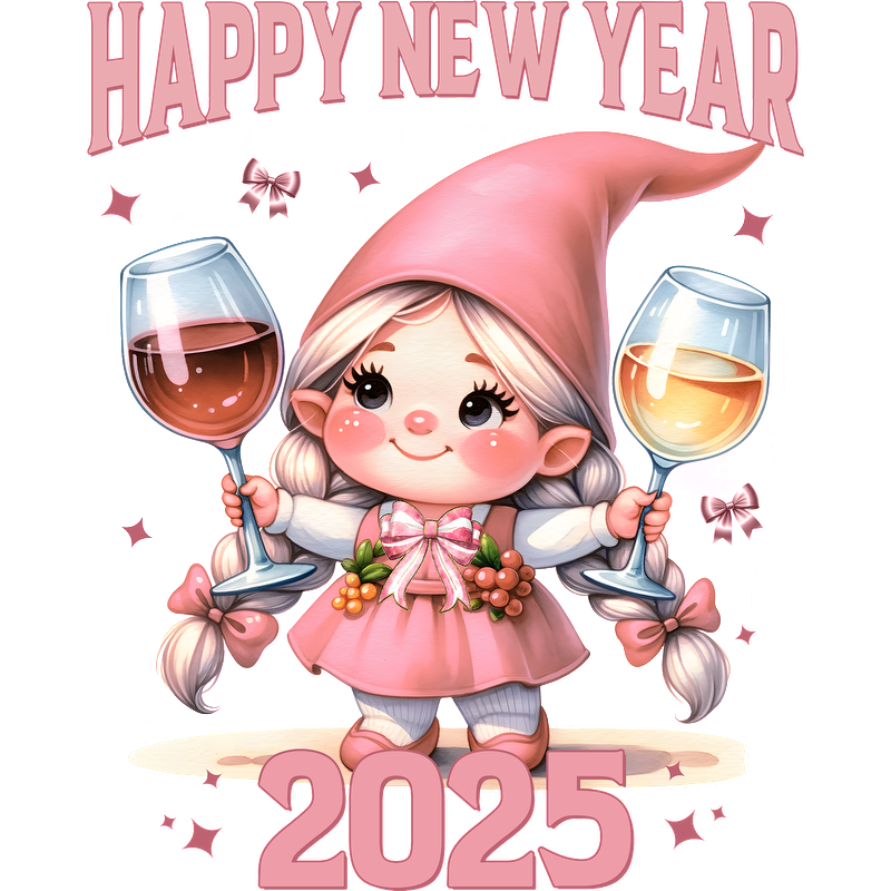 Celebrate the New Year 2025 with this adorable cartoon gnome girl, joyfully holding glasses of wine!DTF Transfers dtf prints