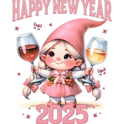 Celebrate the New Year 2025 with this adorable cartoon gnome girl, joyfully holding glasses of wine!DTF Transfers dtf prints