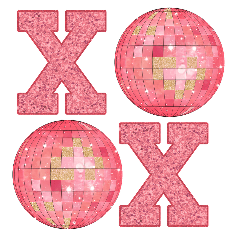 Vibrant pink glitter letters 'XOXO' paired with sparkling disco balls, perfect for a fun party or festive decor!DTF Transfers