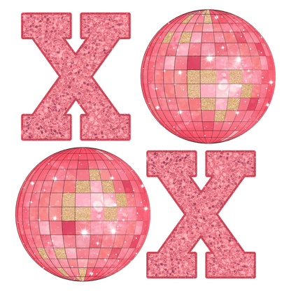 Vibrant pink glitter letters 'XOXO' paired with sparkling disco balls, perfect for a fun party or festive decor!DTF Transfers