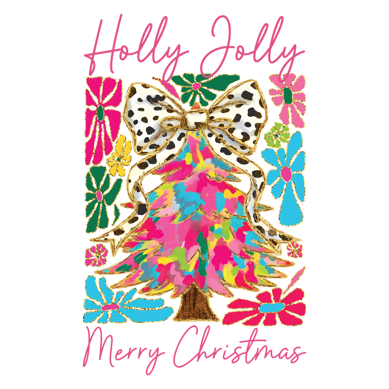 Brighten your holiday spirit with this colorful "Holly Jolly Merry Christmas" design featuring a vibrant Christmas tree and playful floral accents!DTF Transfers