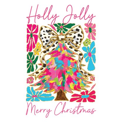 Brighten your holiday spirit with this colorful "Holly Jolly Merry Christmas" design featuring a vibrant Christmas tree and playful floral accents!DTF Transfers