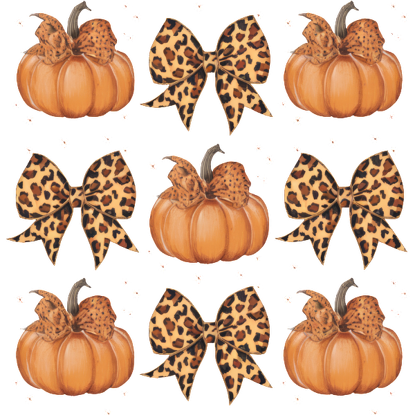 A playful pattern featuring orange pumpkins adorned with stylish leopard print bows, perfect for a festive autumn vibe. dtf prints