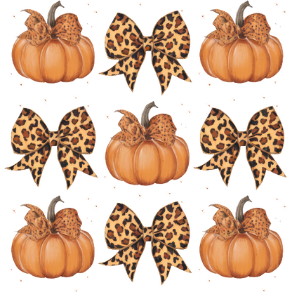 A playful pattern featuring orange pumpkins adorned with stylish leopard print bows, perfect for a festive autumn vibe. dtf prints