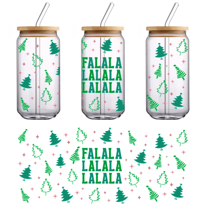 Festive holiday design featuring the lyrics "Fa La La" surrounded by decorative green Christmas trees and pink snowflakes.UV Transfers heat press transfers