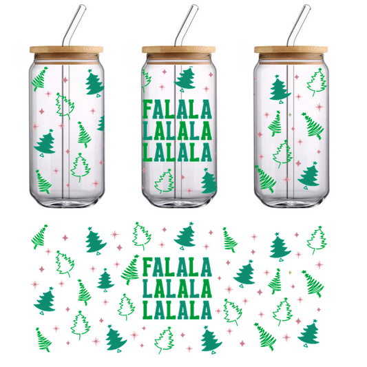 Un diseño festivo con árboles de Navidad verdes y el alegre texto "Fa-La-La-La-La" rodeado de copos de nieve. Transferencias UV