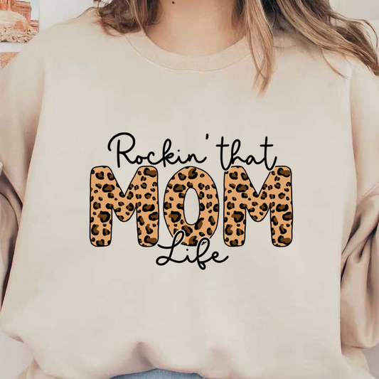 Stylish "MOM" graphic with a trendy leopard print design, perfect for celebrating motherhood in a fun and fashionable way.