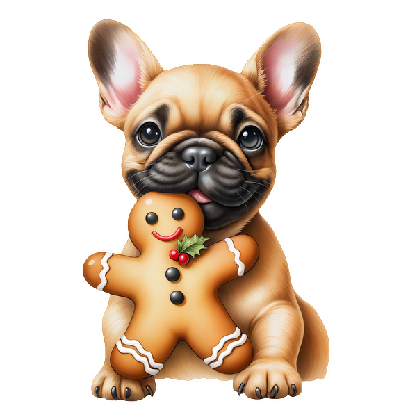 A cute French Bulldog holds a cheerful gingerbread man cookie, decorated with icing and festive accents. heat press transfers