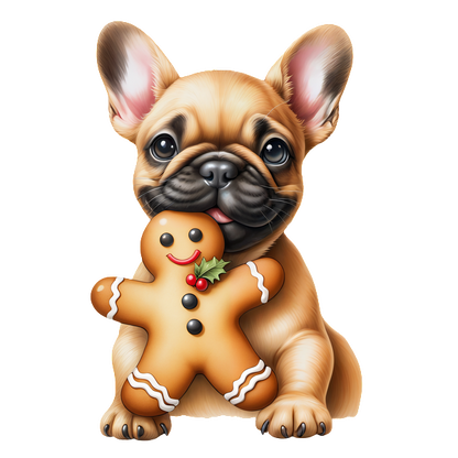 A cute French Bulldog holds a cheerful gingerbread man cookie, decorated with icing and festive accents. heat press transfers