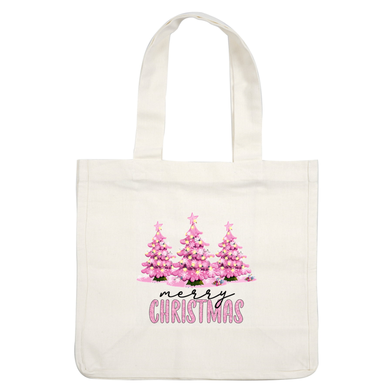 Cheerful pink Christmas trees adorned with lights and snowflakes, accompanied by festive text at the bottom, perfect for holiday celebrations!dtf regular iron