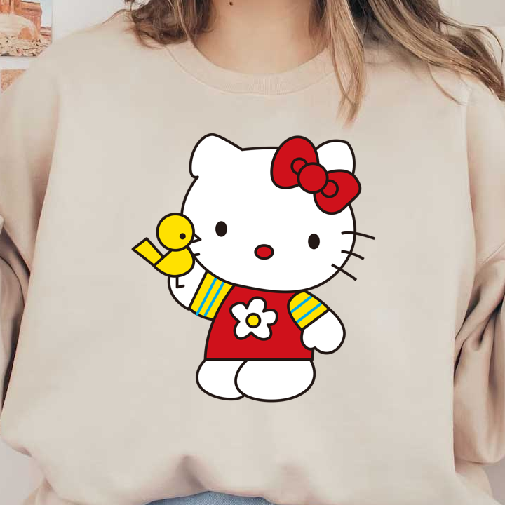 Meet Hello Kitty, the adorable character in a red dress with a flower, holding a cute yellow bird!DTF Transfers