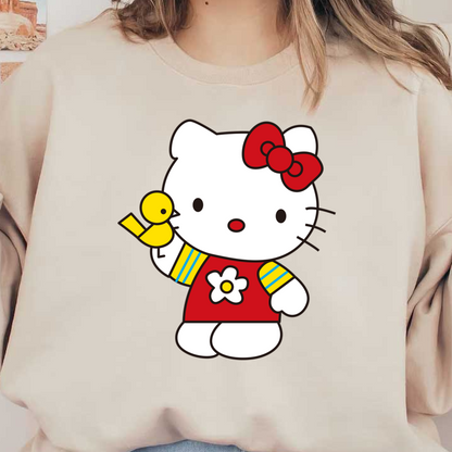 Meet Hello Kitty, the adorable character in a red dress with a flower, holding a cute yellow bird!DTF Transfers