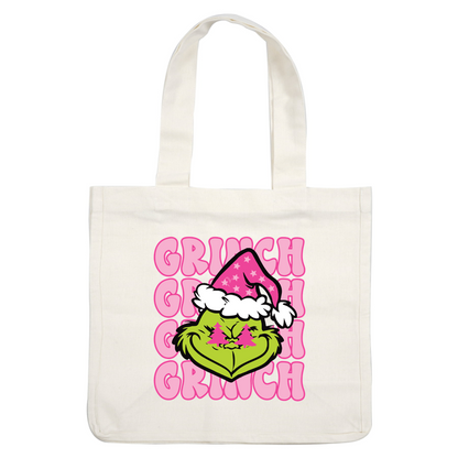 A playful illustration of the Grinch features his grumpy expression with a pink starry Santa hat, surrounded by bold text.DTF Transfers heat press transfers heat press transfers