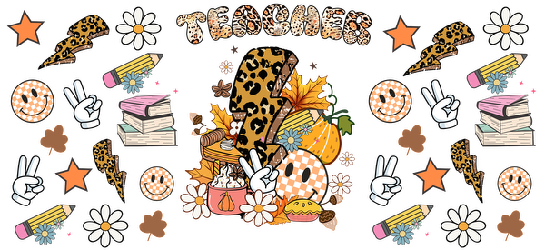 Ilustración colorida y divertida que celebra a los maestros, con estampado de leopardo, libros, hojas de otoño e íconos alegres como símbolos de la paz y flores. Transferencias UV