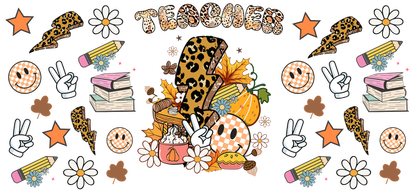 Ilustración colorida y divertida que celebra a los maestros, con estampado de leopardo, libros, hojas de otoño e íconos alegres como símbolos de la paz y flores. Transferencias UV