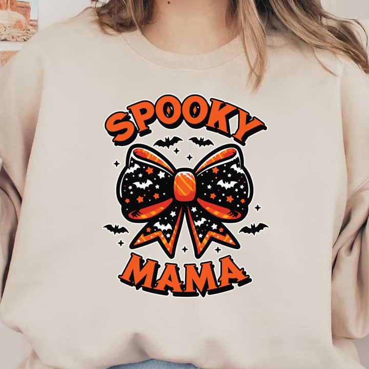 Un gráfico vibrante con temática de Halloween que presenta un lazo negro adornado con estrellas y murciélagos, resaltado por el texto "Spooky Mama".