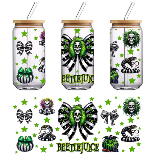 This vibrant Beetlejuice-themed design features quirky characters, black-and-white stripes, and green accents, perfect for fans of the classic film.UV Transfers