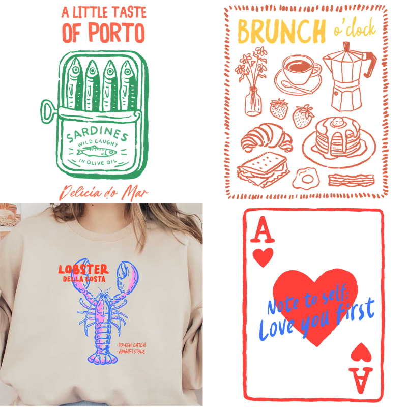 Trendy sweatshirt featuring a colorful lobster graphic with fun foodie vibes.DTF Transfers
