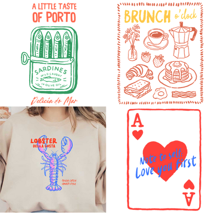 Trendy sweatshirt featuring a colorful lobster graphic with fun foodie vibes.DTF Transfers