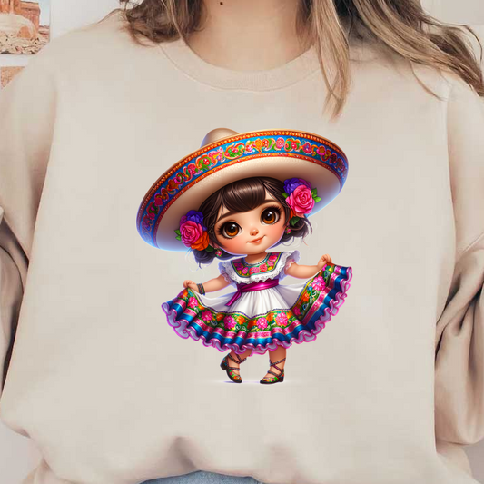 A charming girl in a vibrant traditional Mexican dress and sombrero, adorned with flowers, radiating cultural joy. dtf prints