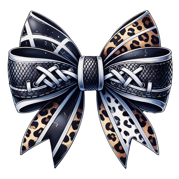 Stylish ribbon bow featuring a mix of black and leopard print patterns, complete with intricate lace-up detailing for a fashionable touch.