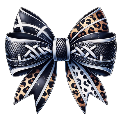 Stylish ribbon bow featuring a mix of black and leopard print patterns, complete with intricate lace-up detailing for a fashionable touch.