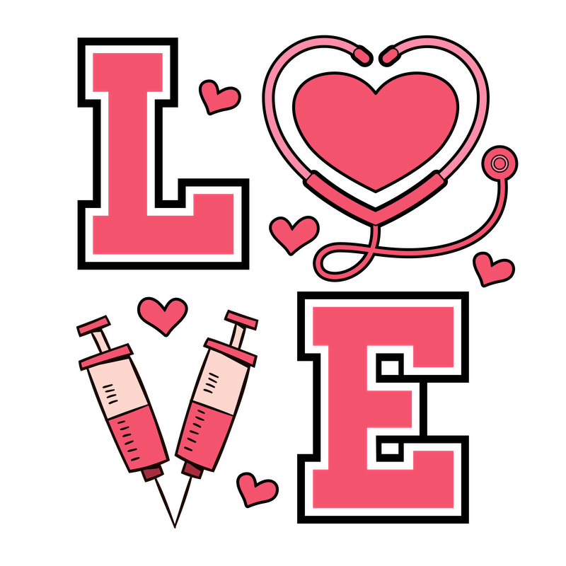 A playful graphic combining the word "LOVE" with a heart and medical syringes, symbolizing care and compassion in healthcare.DTF Transfers