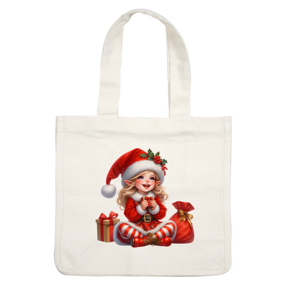 A cheerful elf in a festive red outfit, complete with a Santa hat, surrounded by gifts and a bag, embodies Christmas joy.DTF Transfers heat press transfers