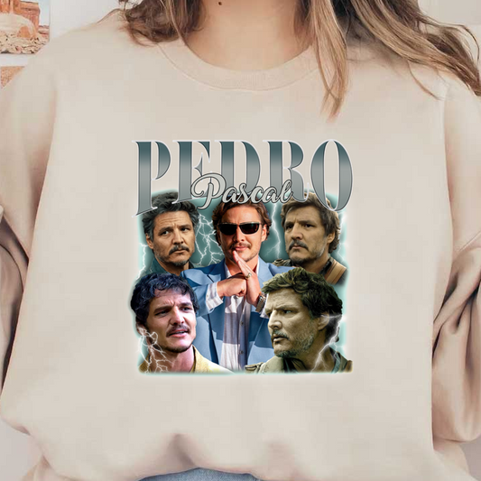 Un collage vibrante de los looks icónicos de Pedro Pascal, que muestra sus personajes versátiles en un diseño llamativo con texto en negrita. Transferencias DTF